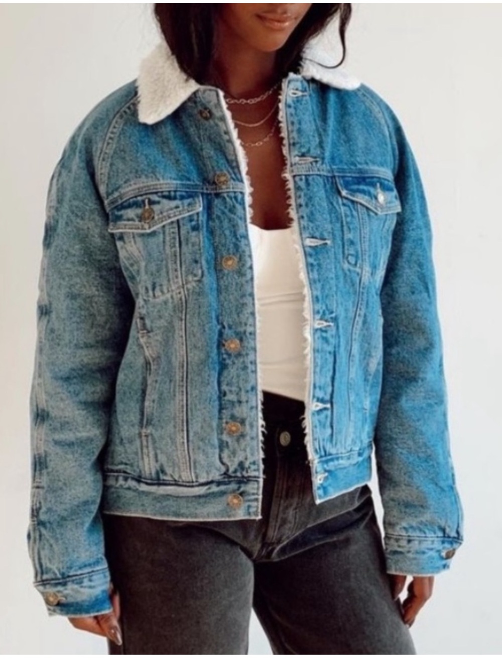 Lioness Sherpa Trucker Denim Jacket Size XS